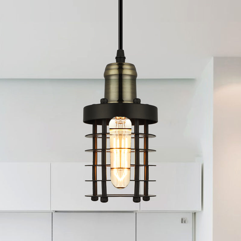 Iron Cylindrical Ceiling Fixture Retro Industrial Hanging Lamp With Wire Cage Shade