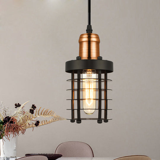 Iron Cylindrical Ceiling Fixture Retro Industrial Hanging Lamp With Wire Cage Shade Copper