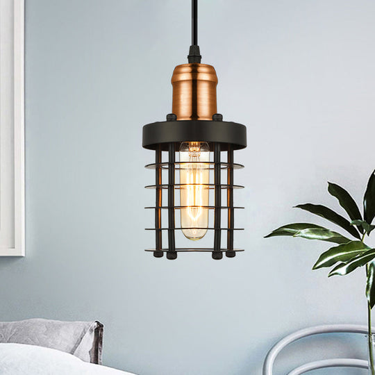 Copper/Aged Brass Ceiling Lamp with Retro Industrial Look & Wire Cage Shade