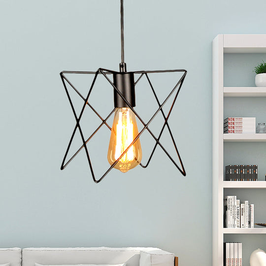 Industrial Geometric Ceiling Light with Open Cage Shade - 7"/10" Wide - Black