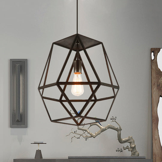 Industrial Polygon Metal Pendant Light Fixture with Wire Guard - Black