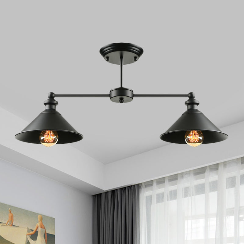 Industrial Double Conic Metallic Semi Flush Mount Ceiling Light with 2 Lights in Black for Dining Table