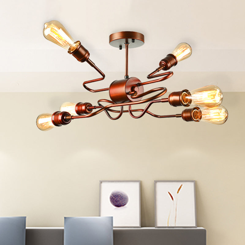 Farmhouse Style Twisted Arm Iron Ceiling Light With 6 Lights Copper Finish - Semi Flush Mount For