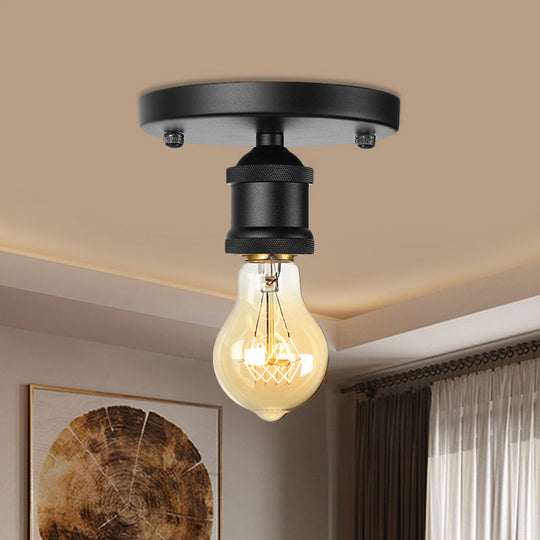 Retro Industrial Metal Black/Brass Finish Ceiling Lighting - Exposed Bulb Semi Flush Mount Light for Balcony- 1 Light