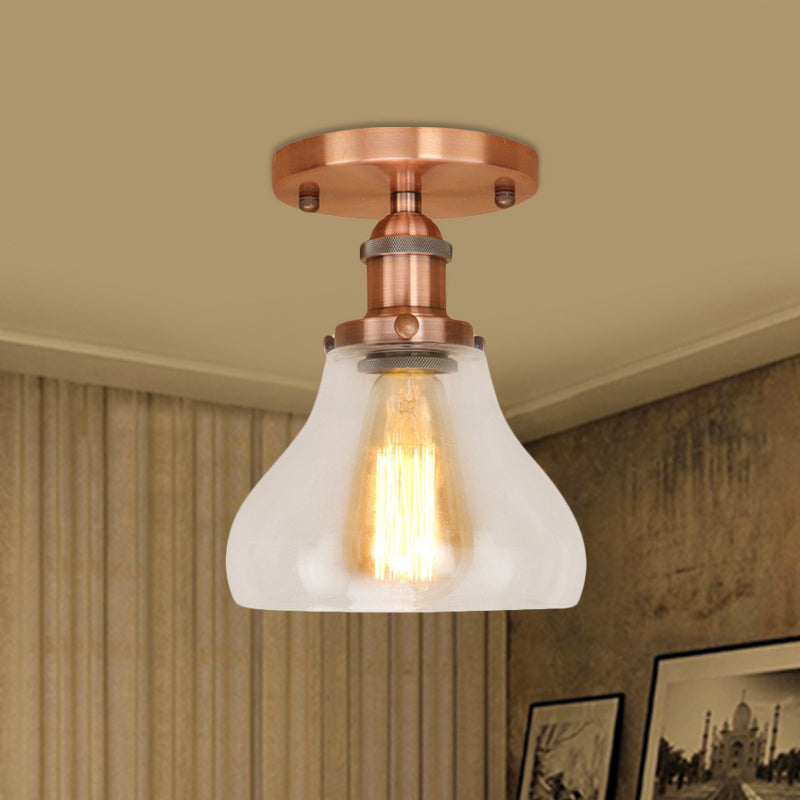 Farmhouse Cone Clear Glass Ceiling Lighting Fixture - Single Bulb Semi Flush Mount in Black/Brass/Copper