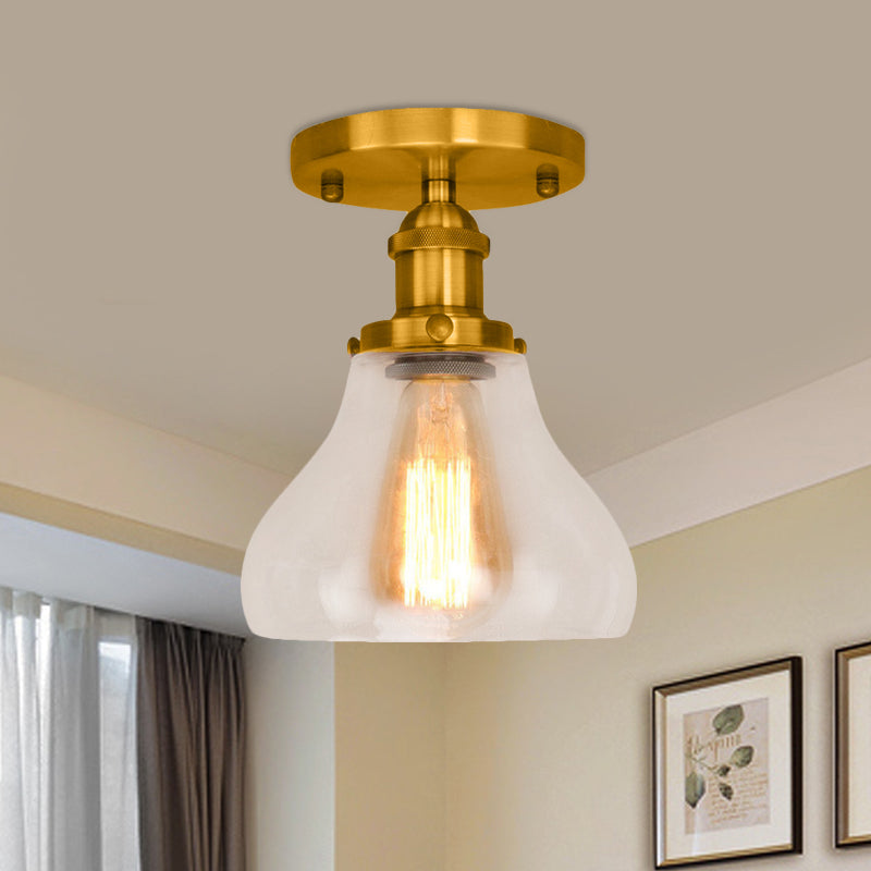 Farmhouse Cone Clear Glass Ceiling Lighting Fixture - Single Bulb Semi Flush Mount in Black/Brass/Copper