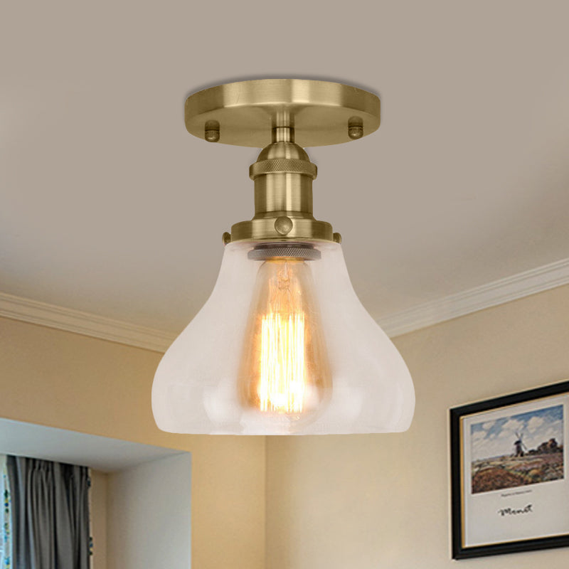 Farmhouse Cone Clear Glass Ceiling Lighting Fixture - Single Bulb Semi Flush Mount in Black/Brass/Copper