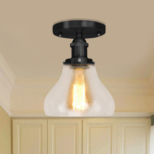 Farmhouse Cone Clear Glass Ceiling Lighting Fixture - Single Bulb Semi Flush Mount in Black/Brass/Copper