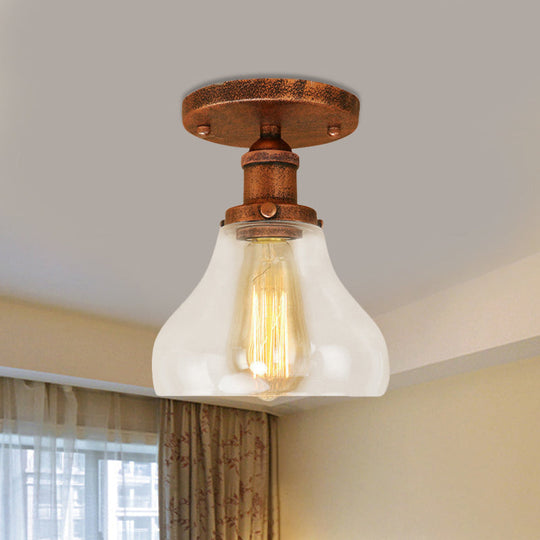 Farmhouse Cone Clear Glass Ceiling Lighting Fixture - Single Bulb Semi Flush Mount in Black/Brass/Copper