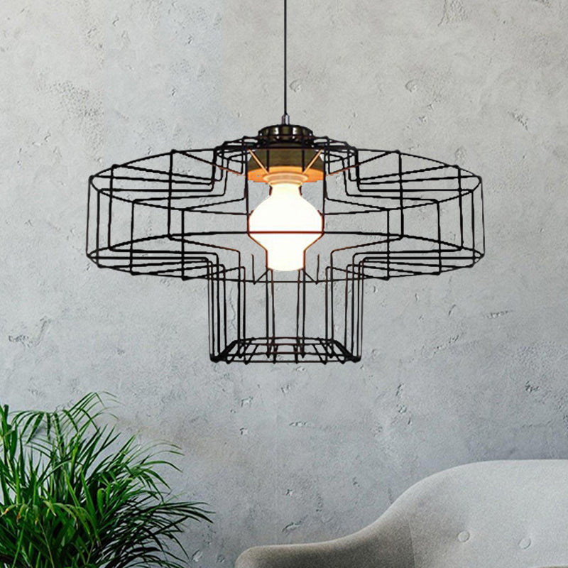 Retro Metal Pendant Light with Barrel/Cylinder Cage Shade - Bedroom Hanging Lamp in Black