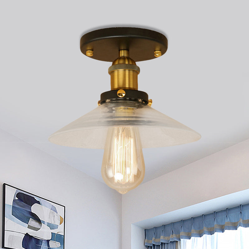 Frosted Glass Saucer Semi Flush Vintage Kitchen Lighting Fixture - 1 Bulb In Black/Brass/Copper