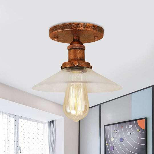 Frosted Glass Saucer Semi Flush Vintage Kitchen Lighting Fixture - 1 Bulb In Black/Brass/Copper Rust