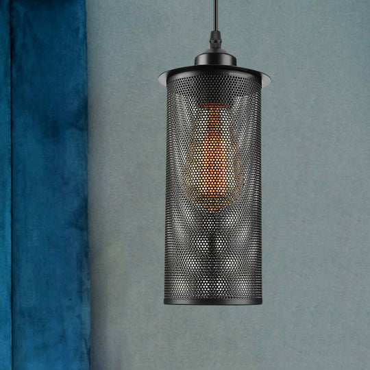 Industrial Black Metal Pendant Light - Cylinder Design With Mesh Screen Ideal For Living Room