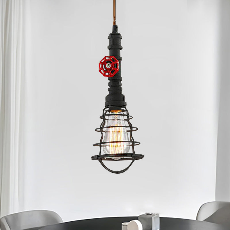 Farmhouse Style Metal Wire Cage Pendant Light with Valve Design in Black/Red Finish - Indoor Hanging Fixture [1-Light]