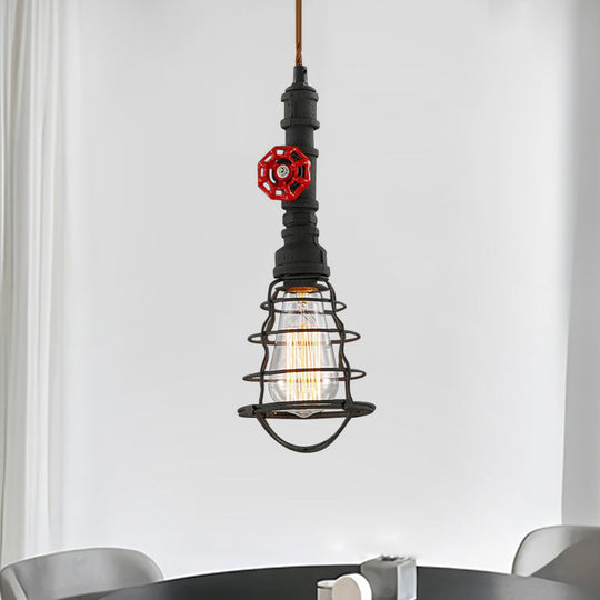 Farmhouse Style Metal Wire Cage Pendant Light With Valve Design - Black/Red Finish Indoor Hanging