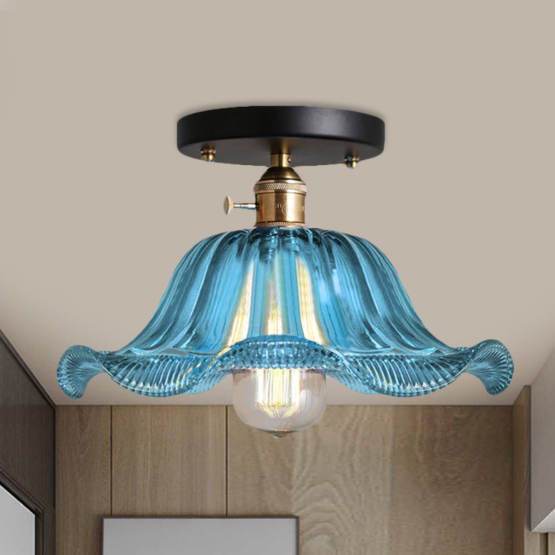 Rustic Ribbed Glass Scalloped Semi Flush Light Red/Blue/Clear 8/10/12 Wide Blue / 10