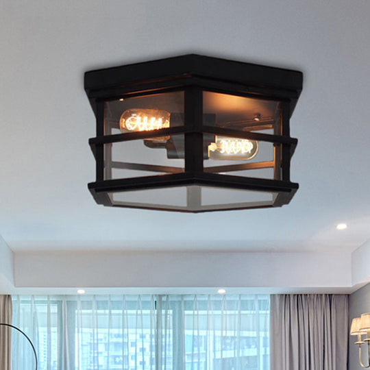 Industrial Square/Hexagon Cage Glass Ceiling Light with 2/4 Bulbs, Clear/Black Flush Mount Lighting