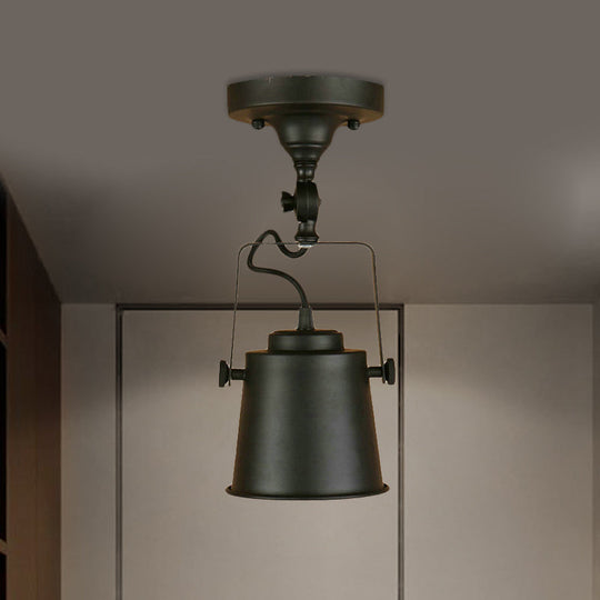 Antique Metal Bucket Shade Ceiling Lamp - Rotatable Semi Flush Pendant Light For Living Rooms 1 Bulb