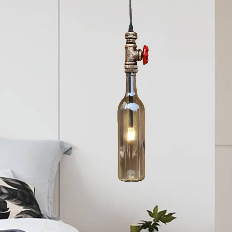 Antique Glass Pendant Light With Bottle Shade And Valve For Water Pipe Restaurant Ceiling Fixture