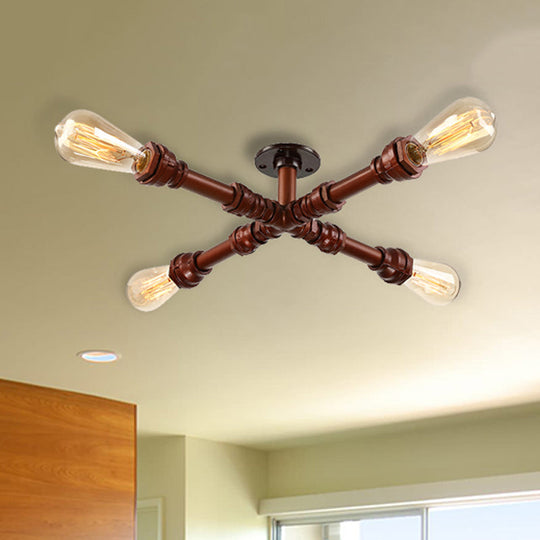 Industrial Style Oil Rubbed Bronze Semi Flush Ceiling Light with 4 Bare Bulbs