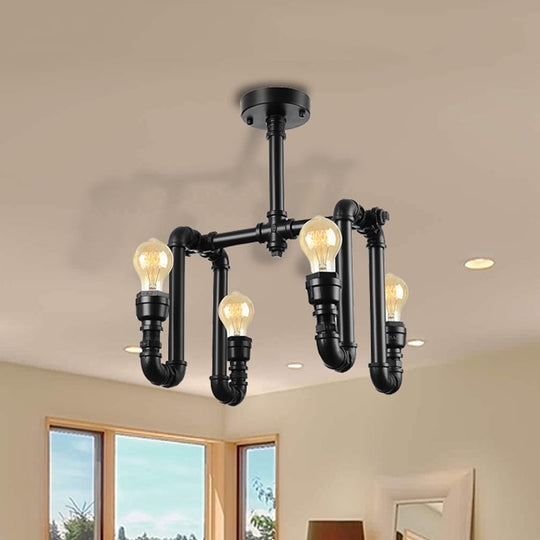 Industrial Matte Black Water Pipe Ceiling Light Fixture with 4 Lights