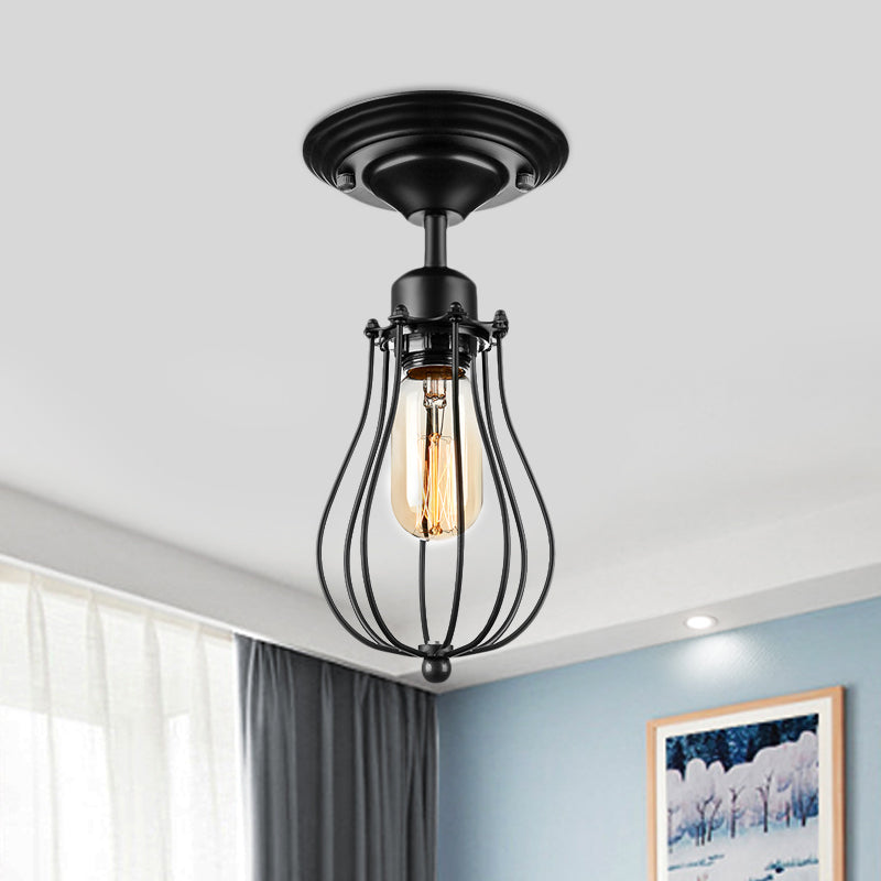 Industrial Style Black Metal Ceiling Lamp - Bulb-Shaped Semi-Flush Mount Light for Dining Room