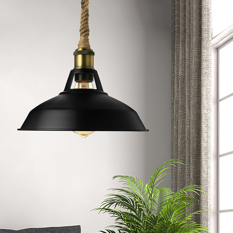 Industrial Metal Pendant Lamp: Barn-Style Shade, 1 Light, Black/White Ceiling Fixture with Hanging Rope