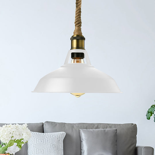 Industrial Metal Pendant Lamp: Barn-Style Shade, 1 Light, Black/White Ceiling Fixture with Hanging Rope