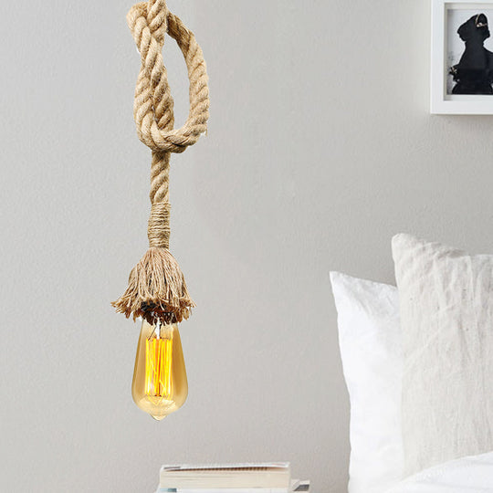 Minimalist Exposed Hanging Lamp: Natural Rope Ceiling Light In Beige