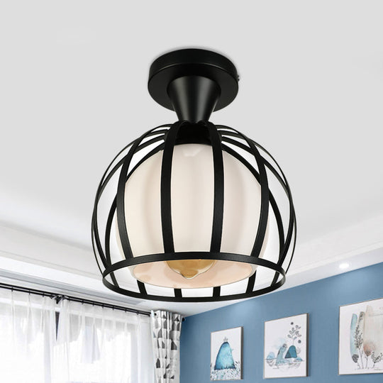 Vintage Style 1-Head Metal Ceiling Light Fixture - Domed Cage Semi Mount Black/White