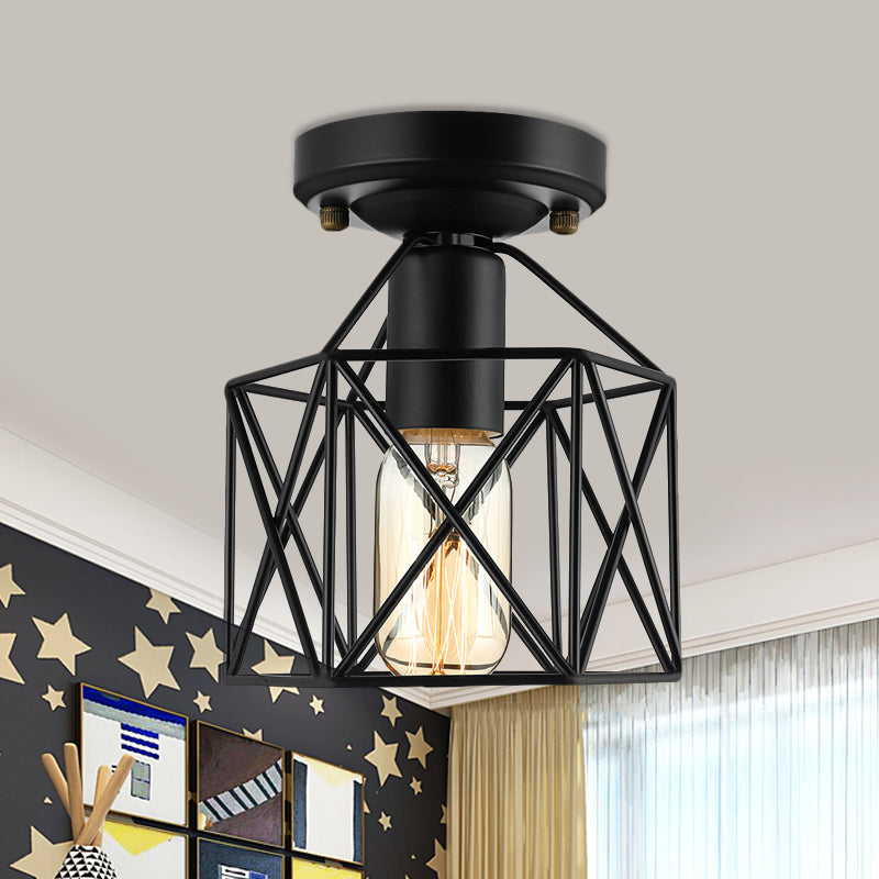 Vintage Style Iron Ceiling Fixture with Hexagon Cage Shade and 1 Bulb, Perfect for Balcony Ceiling in Black/White