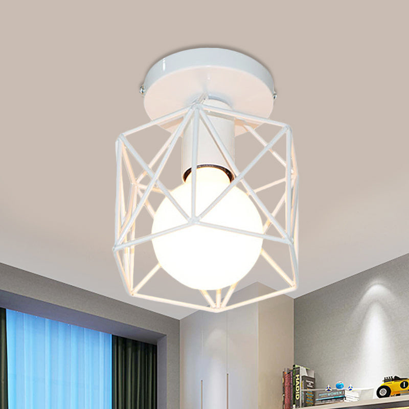 Vintage Style Iron Ceiling Fixture with Hexagon Cage Shade and 1 Bulb, Perfect for Balcony Ceiling in Black/White