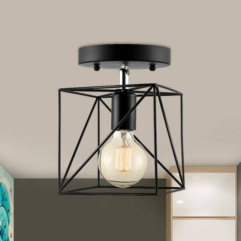 Industrial Style Ceiling Mounted Fixture - Wire Frame Semi Flush Light, Black