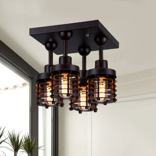 Sleek Black Mini Caged Ceiling Lamp: Industrial Iron 4-Head Bedroom Semi Flush Mount Lighting for Contemporary Décor