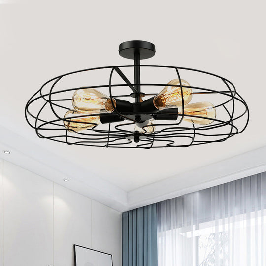 Vintage Fan Shaped 5-Light Iron Ceiling Light With Wire Cage Shade - Semi Flush Mount In Rust/Black