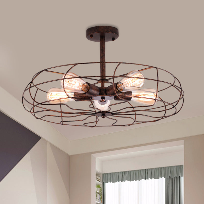 Vintage Fan Shaped 5-Light Iron Ceiling Light With Wire Cage Shade - Semi Flush Mount In Rust/Black