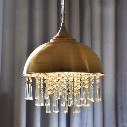 Industrial Dome Pendant Light with Crystal Bead, Black/Chrome Metal Hanging Fixture