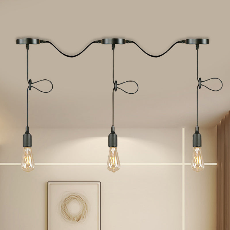 Bare Bulb Pendant Lighting- Industrial Black Metal Ceiling Light Fixture - Adjustable Cord