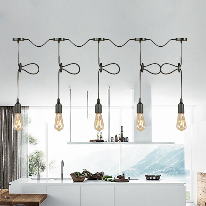 Adjustable Cord Industrial Black Metal Ceiling Light Fixture with 3/5/7-Light Bare Bulb Pendant Lighting