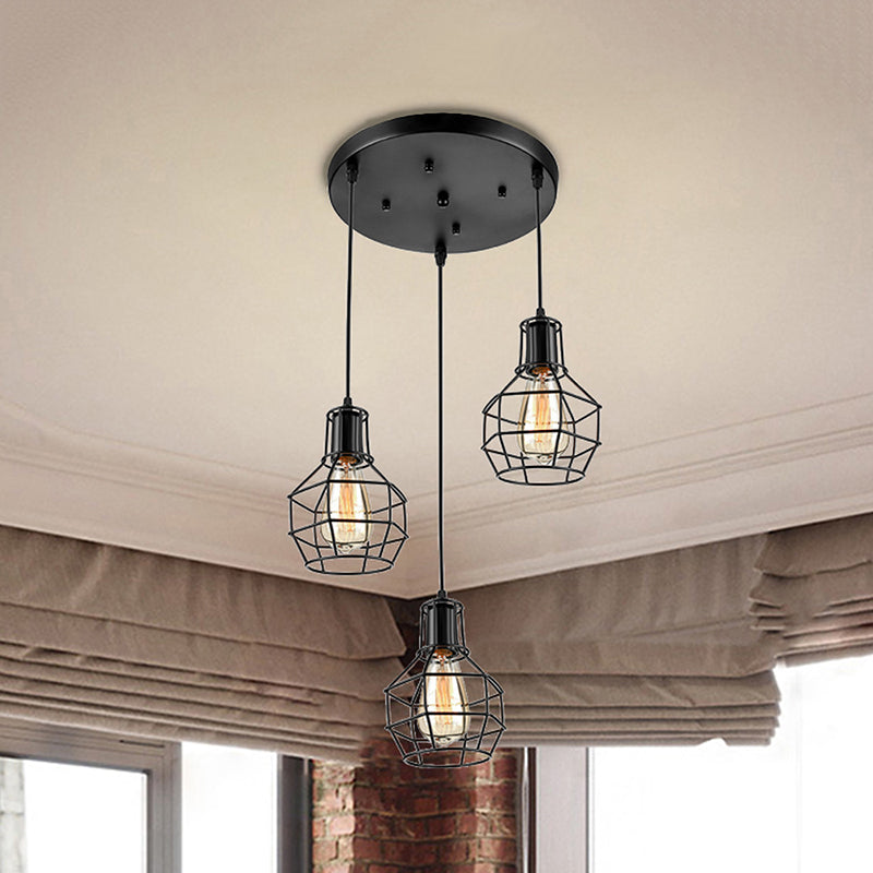 Vintage Global Cage Shade Pendant Lighting with Metallic Finish - 3/7 Heads Hanging Lamp in Black