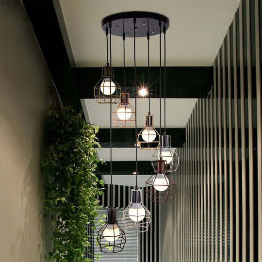 Vintage Global Cage Shade Pendant Lighting with Metallic Finish - 3/7 Heads Hanging Lamp in Black