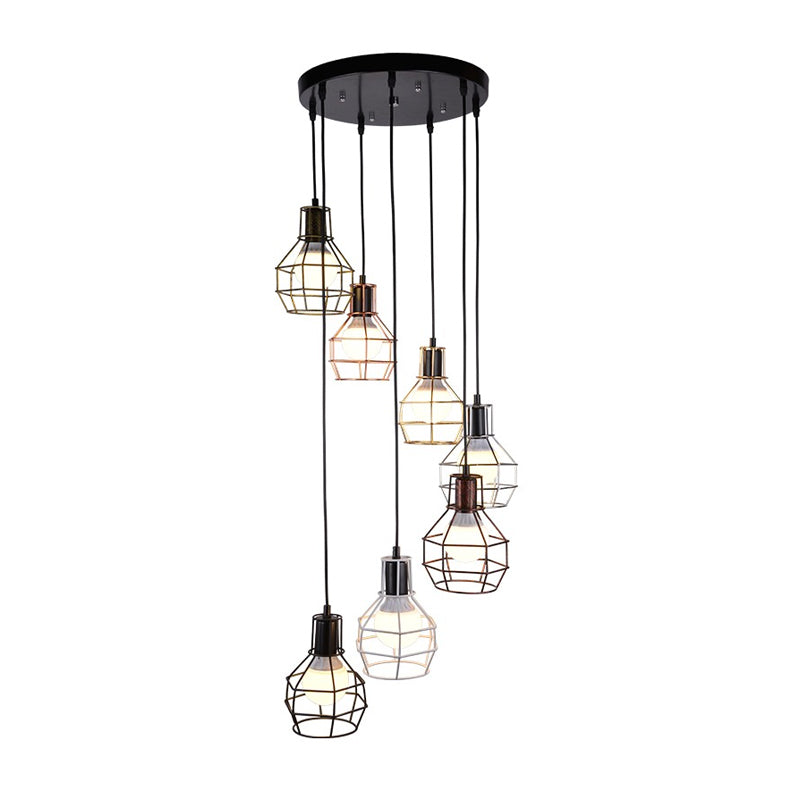 Vintage Global Cage Shade Pendant Lighting with Metallic Finish - 3/7 Heads Hanging Lamp in Black