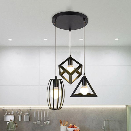 3-Head Pendant Lighting in Black Metal with Retro Stylish Cage Shades for Kitchen, Round/Linear Canopy