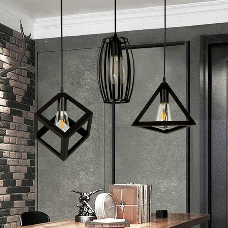 3-Head Pendant Lighting in Black Metal with Retro Stylish Cage Shades for Kitchen, Round/Linear Canopy