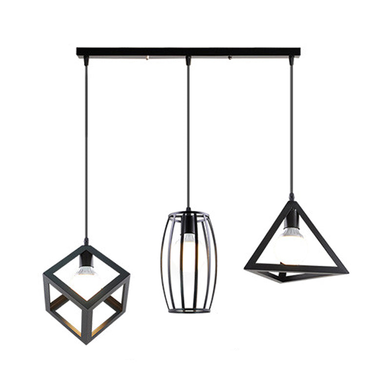 3-Head Pendant Lighting in Black Metal with Retro Stylish Cage Shades for Kitchen, Round/Linear Canopy