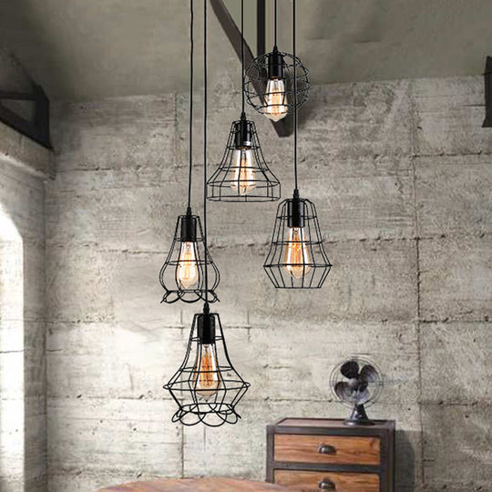 5-Head Vintage Caged Pendant Lighting with Unique Shades - Black Iron Ceiling Fixture for Table