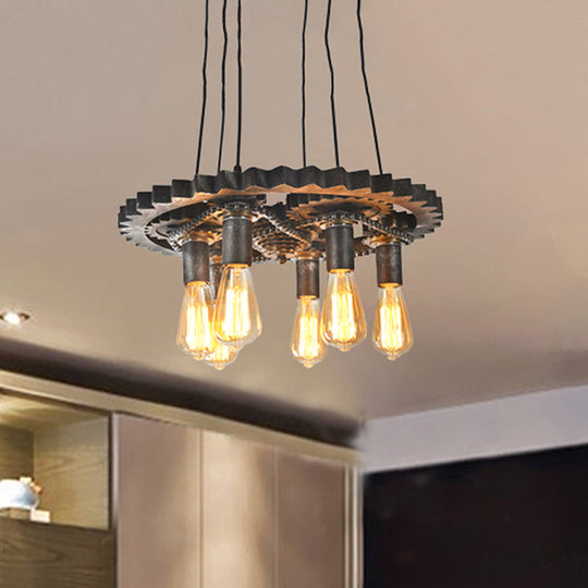 Rustic Metal Gear Shaped Chandelier Pendant Light - Adjustable Ceiling Fixture With 6 Lights For