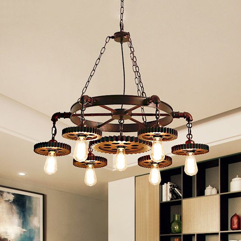 Dark Rust Metal Chandelier Light With Antique Style - 3/7 Heads Gear Pendant Lighting Fixture For