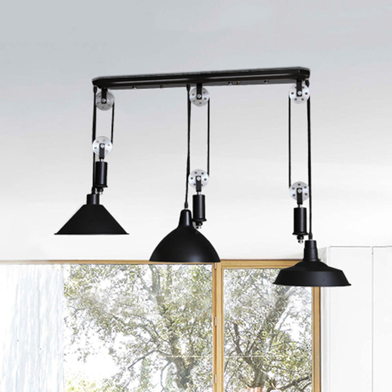 Metal Industrial Pendant Lighting - 3-Light Fixture With Unique Shade And Pulley Design In Black