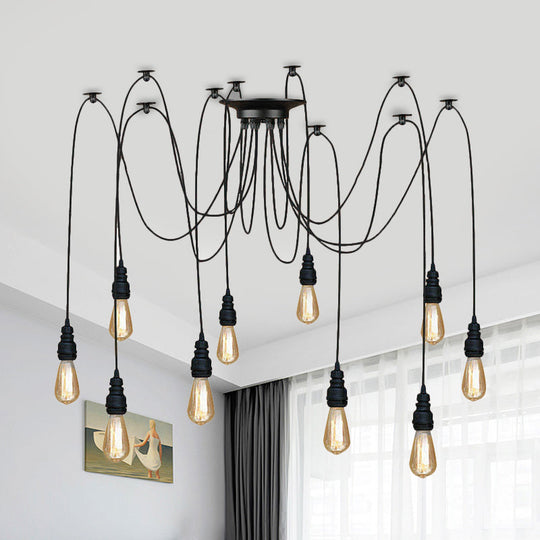 Swag Hanging Lamp - Industrial Style Pendant Light With Metal Bulb Holders In Black Finish